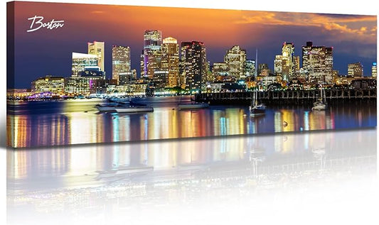 DJSYLIFE Boston Skyline Wall Art Canvas Prints Colorful USA City Night Pictures Modern Panoramic Cityscape Posters Paintings for Bedroom Office Decor, Ready to Hang 13.8"x45.3"