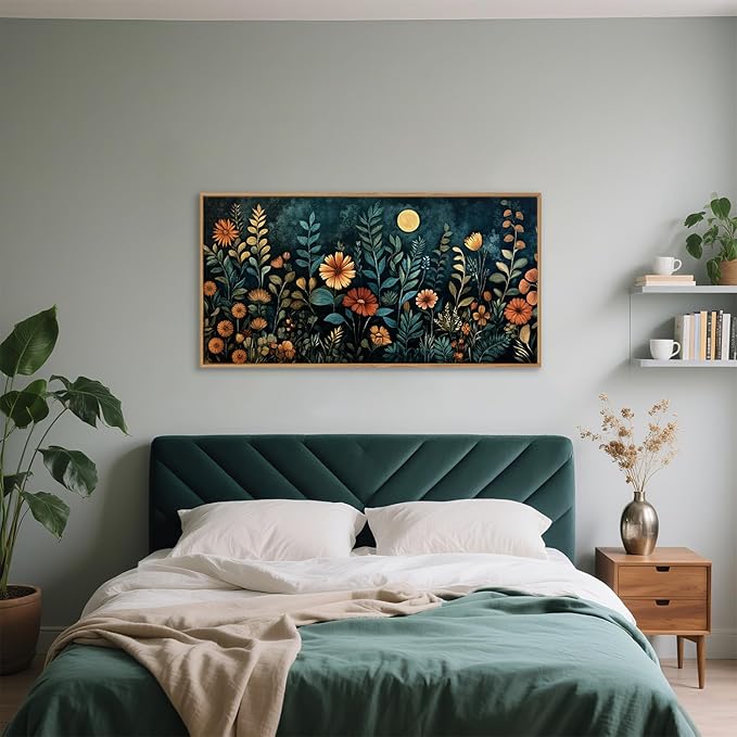 Vintage Dark Botanical Framed Canvas Wall Art Set, Colorful Floral Wall Decor, Nature Wildflower Wall Painting, Colorful Blossom Art Prints for Living Room, Bedroom, Office - 20"X40"x1