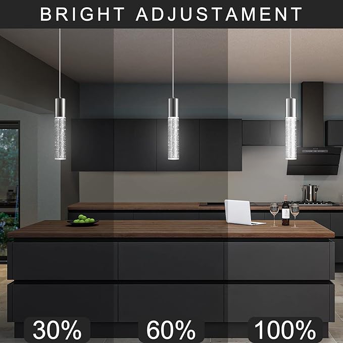 OKELI Pendant Lights Kitchen Island 1 Pack, 6000K Modern LED Bubble Crysta Pendant Light, Chrome Mini Single Island Lights Hanging Lighting for Dining Room, 6W, ETL