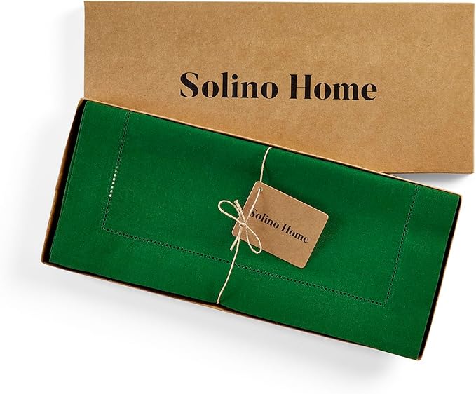 Solino Home Linen Table Runner 36 Inches - 100% Pure Linen Garden Green Hemstitch Table Runner 14 x 36 Inch Ideal for Dresser and Coffee Tables - Classic Hemstitch