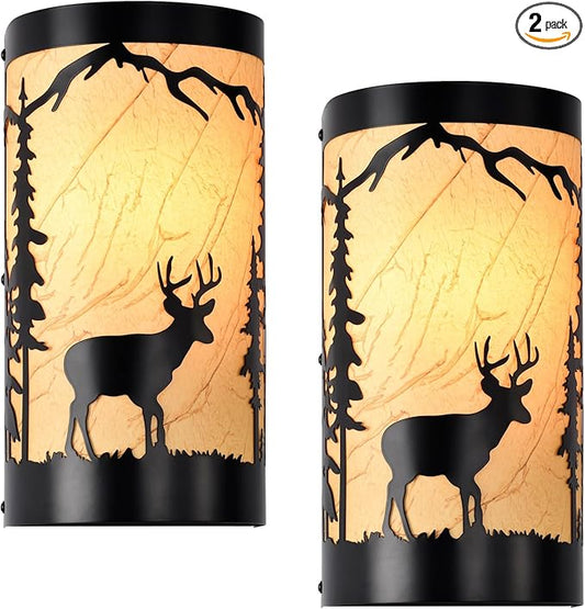 Wall Sconces Set of Two,Deer Metal Yellow Parchment Rustic Wall Sconces,Farmhouse Matte Black Wall Mount Lamp,Vintage Bedroom Wall Lights,Indoor Wall Lamps for Living Room,Hallway,Porch