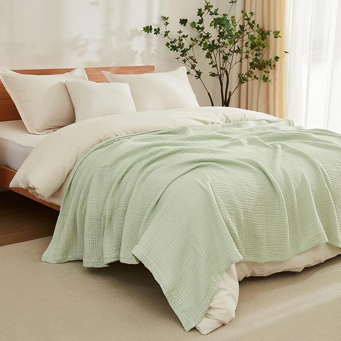 EMME Cotton Blanket Queen Size for Bed Soft Large Muslin Bed Blankets 90"x90" Lightweight Breathable All Season Gauze Blanket, Mint Green