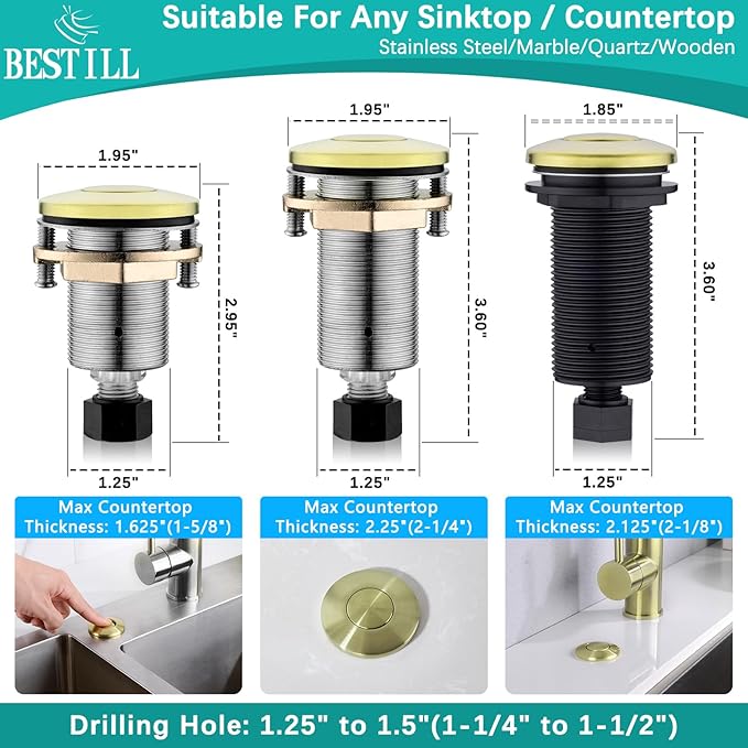 BESTILL Garbage Disposal Air Switch Kit - Brushed Gold Garbage Disposals Button, 3.6” Long Sink Top On/Off Push Button for Waste Disposer, Brass Made Cover, UL Listed, Compatible with all Disposers