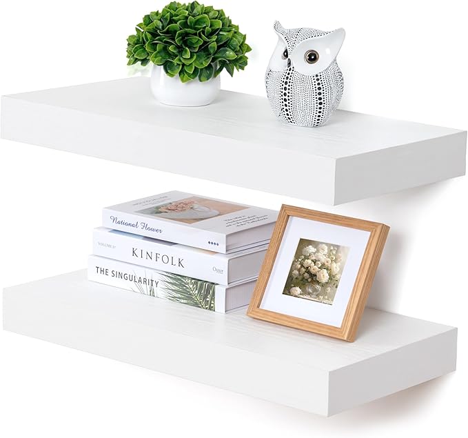 Deep Floating Shelves, 24''W x 12''D Floating Shelves White Set of 2, 12 Inch Deep Large Wood Shelves for Books Living Room Bathroom Laundry Room Bedroom Kitchen Home Office - White