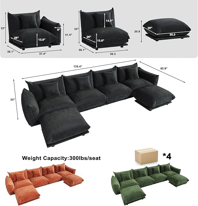 Modern Minimalist Chenille Modular Sectional Sofa, Oversized Deep-Seat U-Shaped Couch with Movable Ottoman, Thick Cushions, Upholstered Sofa for Living Room, Bedroom, Office, Apartment Black 2 Ottoman