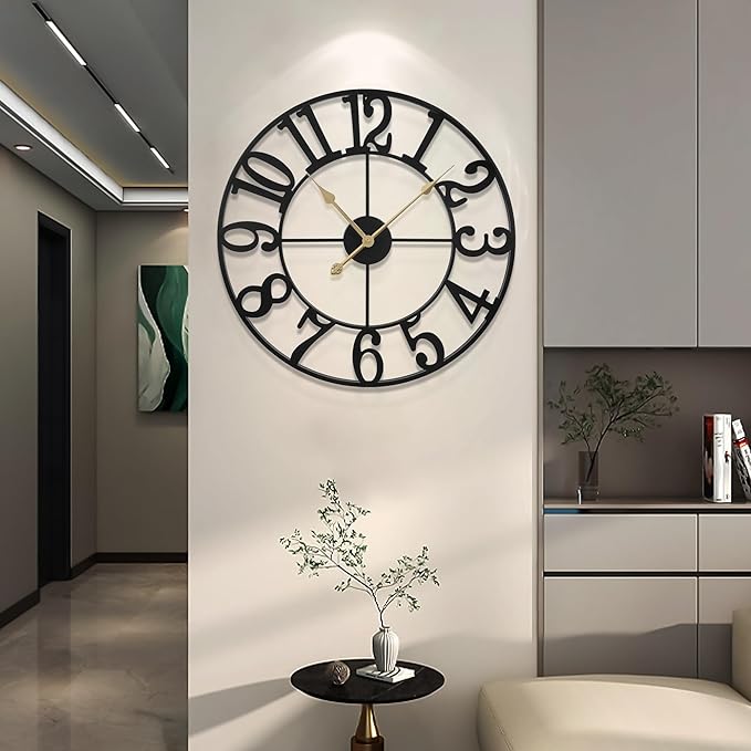 LEIKE Large Wall Clock, 24" Silent Non-Ticking, Battery Operated, Oversized, Decorative Retro Black Metal Clock for Living Room,Farmhouse, Dinner Room,Indoor, Outdoor Decor(60cm, Black Arabic Number)