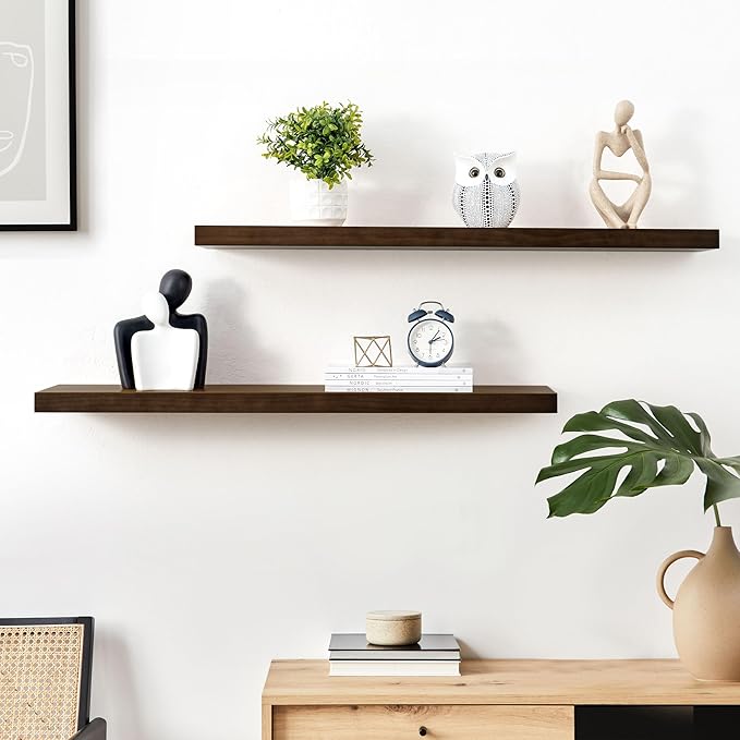 Floating Shelves 36 Inches Long - 8 Inch Deep Rustic Solid Pine Wood for Storage - Farmhouse Wall Mounted for Living Room - Heavy-Duty Metal Bracket - 36" W x 8" D - Set of 2 - American Walnut Color