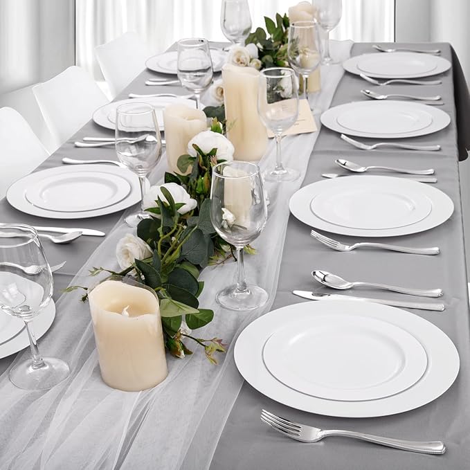 FLOWERCAT 60PCS White Plastic Plates - Heavy Duty White Disposable Plates for Birthday Party/Wedding -serve for 30 guests Include 30PCS 10.25" Dinner Plates & 30PCS 7.5" Dessert Plates for Party
