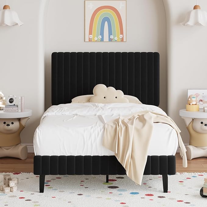 Twin Bed Frame, Velvet Upholstered Platform Bed with Vertical Channel Tufted Headboard and Footboard, No Box Spring Required, Easy Assembly, Black