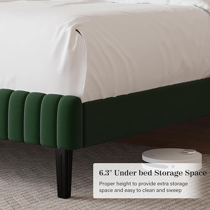 Queen Size Bed Frame, Velvet Upholstered Platform Bed with Vertical Channel Tufted Headboard and Footboard, No Box Spring Required, Easy Assembly, Green