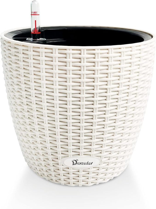Dexceder 9x8 Inches Rattan Self Watering Planter Indoor Outdoor, Inner Pot Design, Thickened Table Flower Plant Pot with Water Level Indicator (Ivory White)