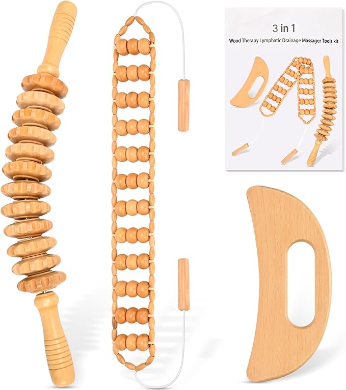 3-in-1 Wood Therapy Massage Tools Lymphatic Drainage Massager Maderoterapia Kit Wooden Gua Sha Massager Body Sculpting Tools for Muscle Pain Relief, Anti-Cellulite, Body Contouring and Shaping