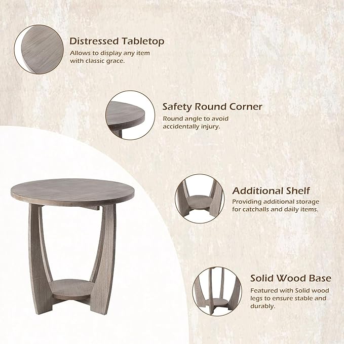 Rustic Farmhouse End Table with Storage Shelf, French Country Accent Side Table for Family, Dinning or Living Room, Small Spaces, Modern, Round, Vintage Grey Finish