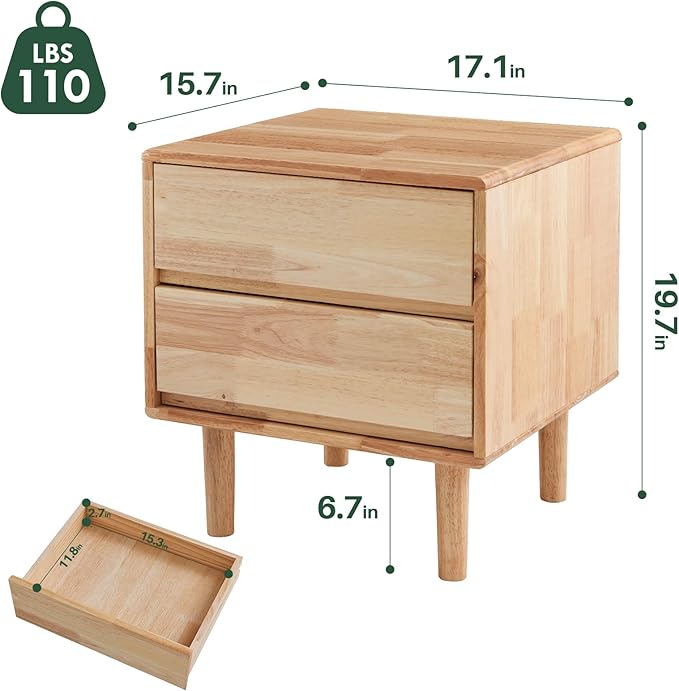 Modern Solid Wood Nightstand with Drawers - Mid Century Modern 2 Drawer Natural Wooden Small Narrow Nightstand Bedside Side End Table with Storage for Living Room Bedroom, 15.7" D x 17.1" W x 19.6" H