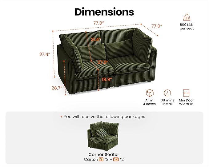 Oversized Modular Sofa, Extra Deep Cloud Corduroy Sectional Couch with Ottoman Chaise, Fluffy Corduroy 2 Seater Sofa Bed for Living Room, Villa (Loveseat Sofa, Corduroy Green)