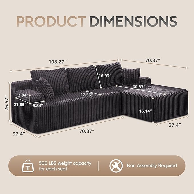 Hobestluk Modular Sectional Sofa Couches 108" L-Shape Couch 3 Seat Modular Sofa Memory Foam Sectional Couches for Living Room, Boneless Couch with Oversized Chaise (Grey, Right Facing)