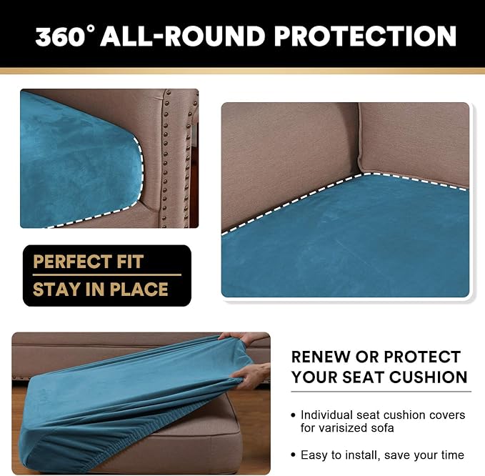 PrinceDeco Velvet Sofa Cushion Covers, Stretch Couch Cushion Covers for Individual Seat Couch Slipcover Sets Furniture Protector for Loveseat Sofa Cushion(Each Width Up to 29.5", Blue)