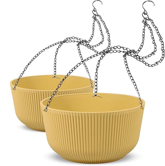 Dexceder 11.2 Inch Self Watering Hanging Planters Indoor Outdoor, Thickened Hanging Basket Flower Plant Pot (2 Pack, Yellow)