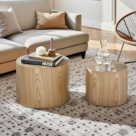Nesting Coffee Table Set of 2, Modern Round Coffee Table with Non-Slip Feet, Oak Wooden Circle Accent Tables for Small Spaces Living Room Bedroom Balcony Office Drum Side Table