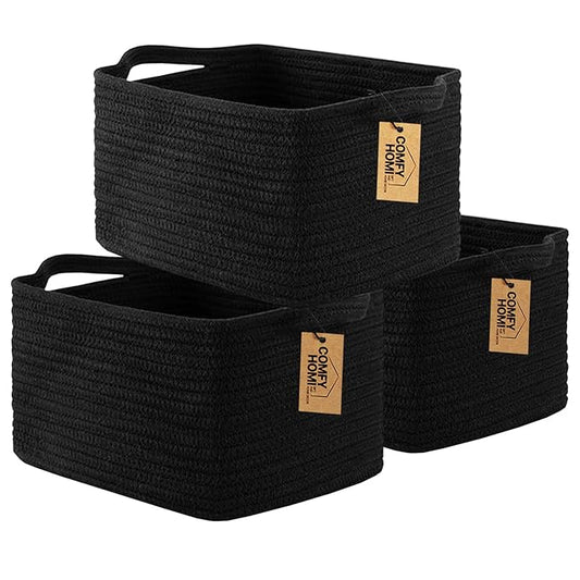 COMFY-HOMI 3PACK Cotton Rope Woven Basket With Handles for Shelves, Toy, Book, Cloth Storage Basket for Organizing|13.5" x 11" x 9.5" Decorative Nursery Cube Bin for Living Room（all Black）