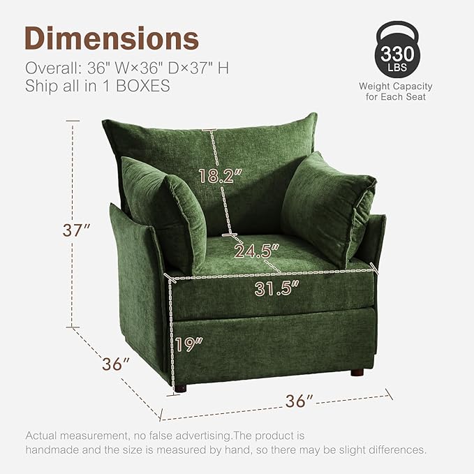 Oversized Accent Chair, Upholstered Modern Sofa Chair with Removable Backrest & Detachable Cover, 24.5" Deep Seat Large Reading Armchair for Living Room Bedroom Office - Chenille Green Set of 1