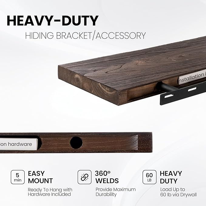 Fun Memories Floating Shelves for Wall, 48"x9.3" Rustic Solid Elm Wood Wall Shelves, Heavy-Duty Mounted Shelves with Invisible Brackets, Set of 2 for Living Room, Bedroom, Kitchen, Walnut Finish