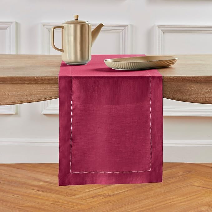 Solino Home Linen Table Runner 36 Inches - 100% Pure Linen Beet Hemstitch Table Runner 14 x 36 Inch Ideal for Dresser and Coffee Tables - Fall, Autumn, Thanksgiving - Classic Hemstitch