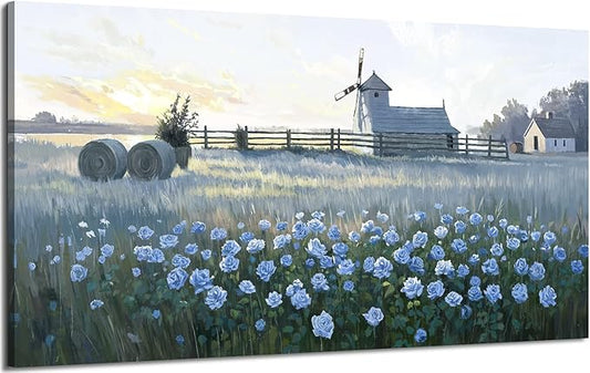 amatop Large Rustic Canvas Wall Art – Farmhouse Blue Rose and Windmill Landscape Picture, Nature Country Floral Sunset Wall Decor for Living Room Bedroom, Countryside Botanical Artwork Print 48x24 Inch