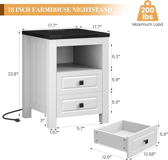 Apicizon End Table Set of 2, Farmhouse End Tables with Charging Station, Nightstand with Drawers and Storage Cabinet, Small Coffee Table for Small Spaces, Sofa Side Table for Living Room, Bedroom