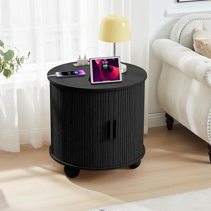 24" Large Fluted Round End Table with Charging Station, Farmhouse Cricle Sofa Side Table with Sliding Door and Storage, Rustic Curved Wood Nightstand for Living Room, Bedroom,Black