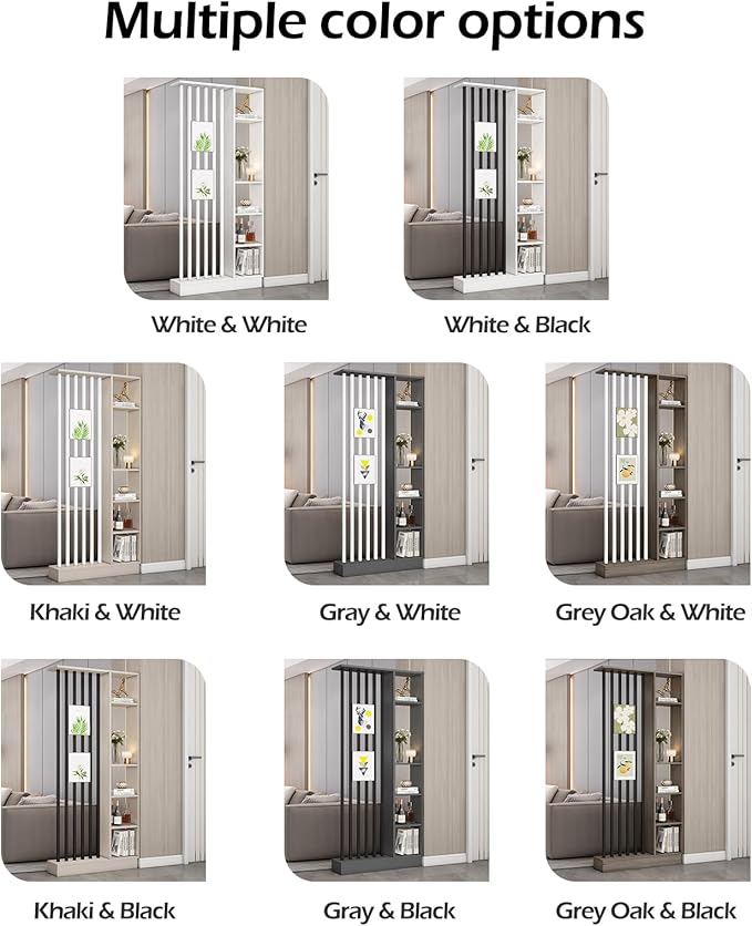 Wall Room Divider, Storage Cabinet Storage Display with Shelves, Modern Freestanding Wood Room Divider Screen, Wall Privacy Screens for Home Decorative (Grey Oak+Black,55" L x 9.5" W x 79.5" H)