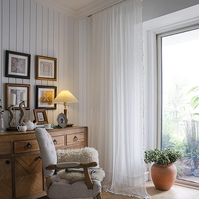 Sutuo Home White Crochet Boho Curtain 96 Inches Long, Sheer Lace Handmade Tassels Knitted Window Treatment Vintage Rustic Bohemian Farmhouse Drape for Bedroom Rod Pocket 1 Panel 59" W x 96" L