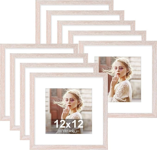 Vittanly 12x12 Picture Frames Set of 9, Shatter Resistant Plexiglass, Display 8x8 Pictures with Mat or 12x12 without Mat, Photo Frames for Wall Mount, Engineered Wood, Rustic Pink