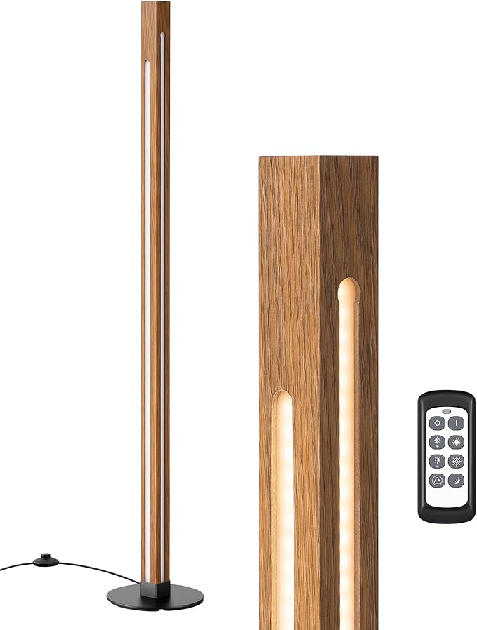 EDISHINE Wood Floor Lamp, Upgraded Dual-Sided Lighting, Minimalist Floor Lamps for Living Room, Corner Floor Lamp with Remote/Foot Control, 7CCT & Dimmable Corner Lamp for Bedroom, Office, Walnut Wood
