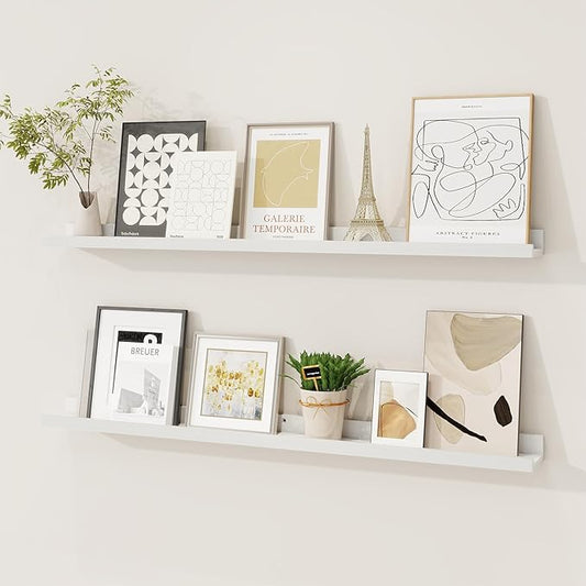 Picture Ledge Shelf, Solid Pine Wood Floating Shelves Set of 2, 36 Inches Nursery Book Shelves for Toys Storage, Kids Bookshelf Wall Mounted for Living Room Bedroom Decor Books Photo Frames, White