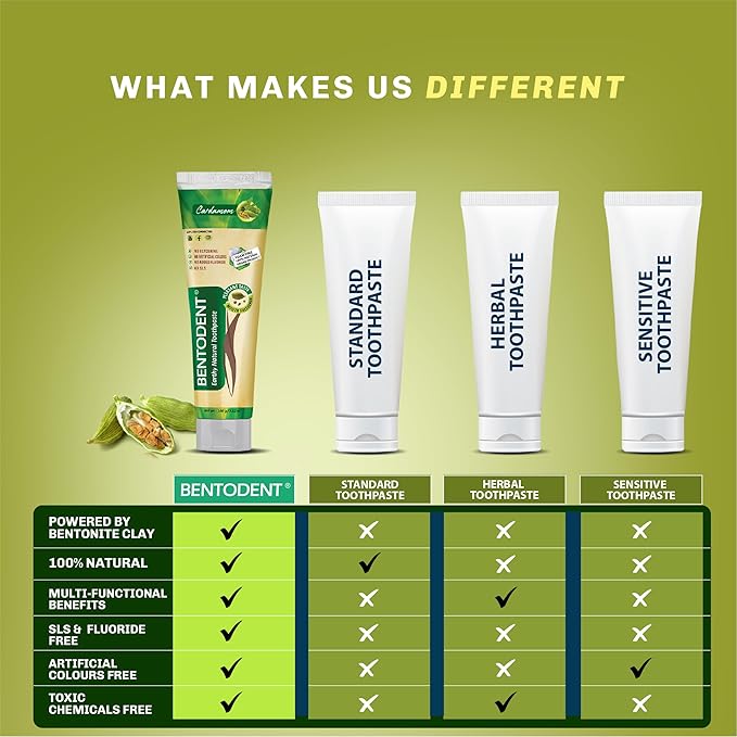 BENTODENT Fluoride Free Remineralizing Calcium Bentonite Clay Toothpaste - Cardamom Flavor Natural Toothpaste, Mint-Free, 3.52 oz - Mineral Tooth Paste Ideal for Sensitive Teeth & Whitening