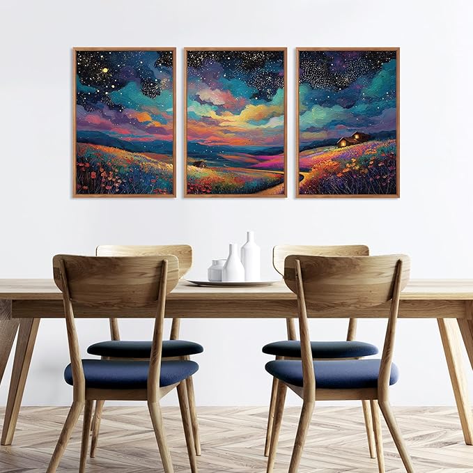 KAIRNE Framed Abstract Midnight Canvas Wall Art,Starry Night Prints Set of 3(16”X24”),Colorful Wildflowers Wall Decor,Nature Night Scene Paintings for Living Room Bedroom office Farmhouse Decoration