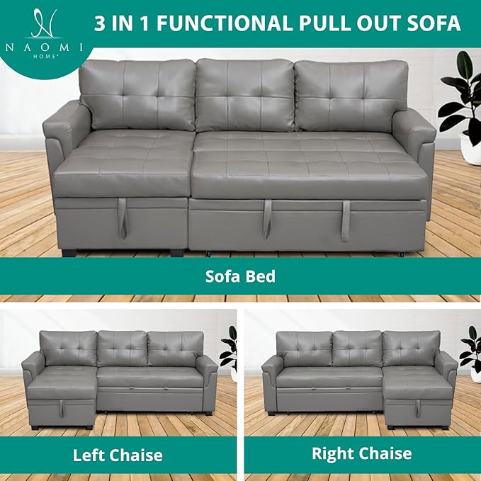 Naomi Home L-Shaped Reversible Sectional Sofa with Pull-Out Sleeper Bed and Storage Chaise, Gray Air Leather