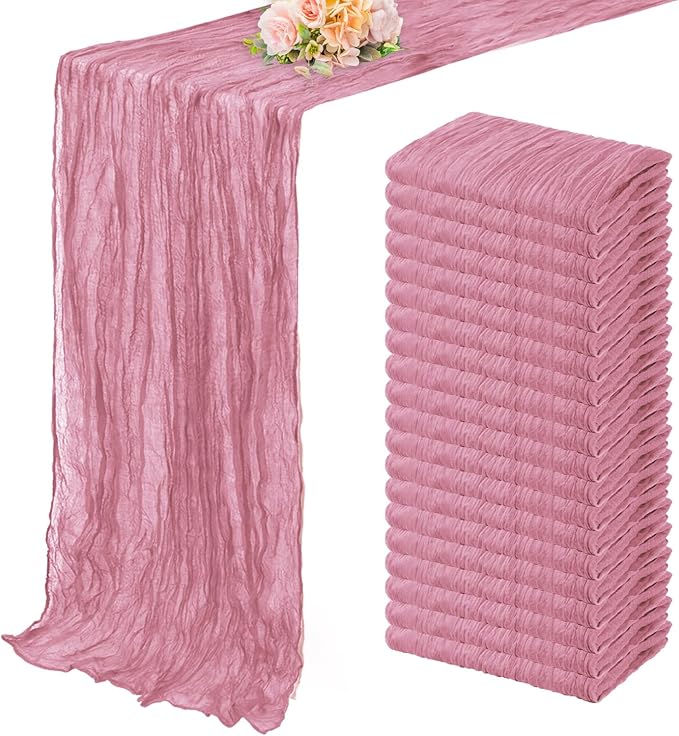 20 Pack Dusty Rose 10FT Cheesecloth Table Runner 20 x 120 Inch Long Rustic Gauze Fabric Cheese Cloth Table Runner for Wedding Bridal Baby Shower Table Decorations Boho Sheer Birthday Party Table Decor