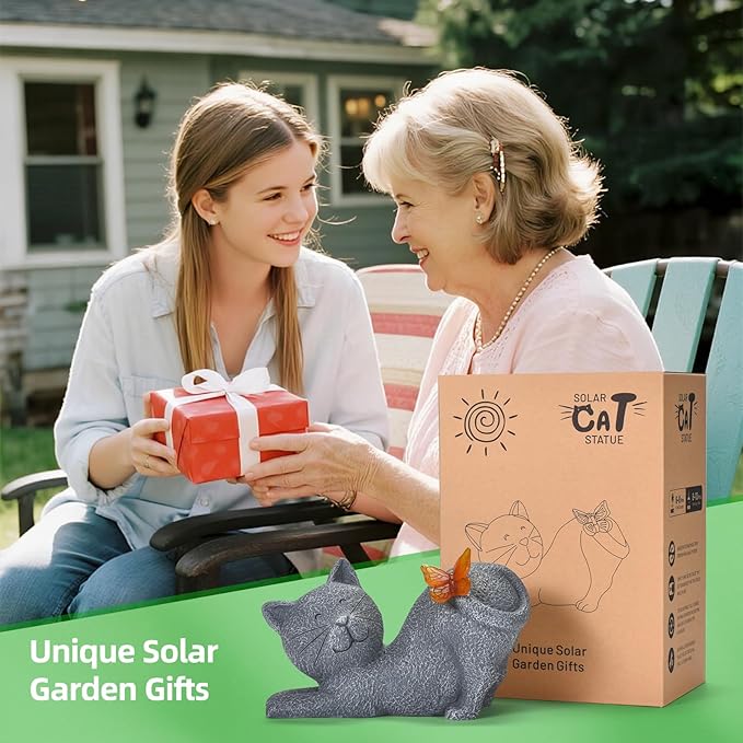 Cute Solar Cat Garden Statue with Lighted Butterfly, Outdoor Waterproof Resin Cat Figurine for Yard Lawn Patio Porch, Solar Powered Garden Decor and Gift for Cats Lovers