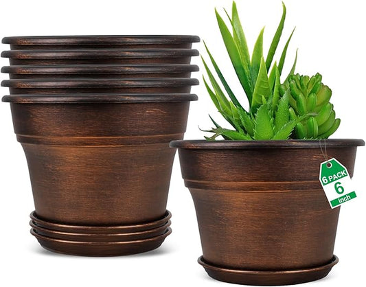 Plant Planters Pots Set of 6 Pack 6 Inch, Plastic Flower Pot for Indoor Plants with Drainage Holes & Trays, Resin Decorative Container Sets with Saucer for House Outdoor Garden Planters Dark Gold
