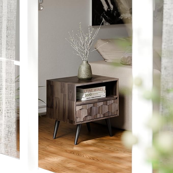 Bme Georgina Solid Wood Nightstand with 1 Drawer & Open Shelf- Fully Assembled Mid Century Modern Side Table - Geometric Pattern Bedside Dresser for Bedroom and Living Room, Mocha