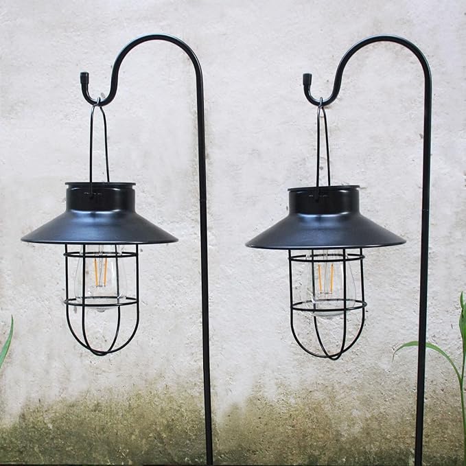 4 Pack Hanging Solar Lantern Lights with Shepherd Hook, Metal Waterproof Warm White Edison Bulb Lights for Garden Outdoor Pathway