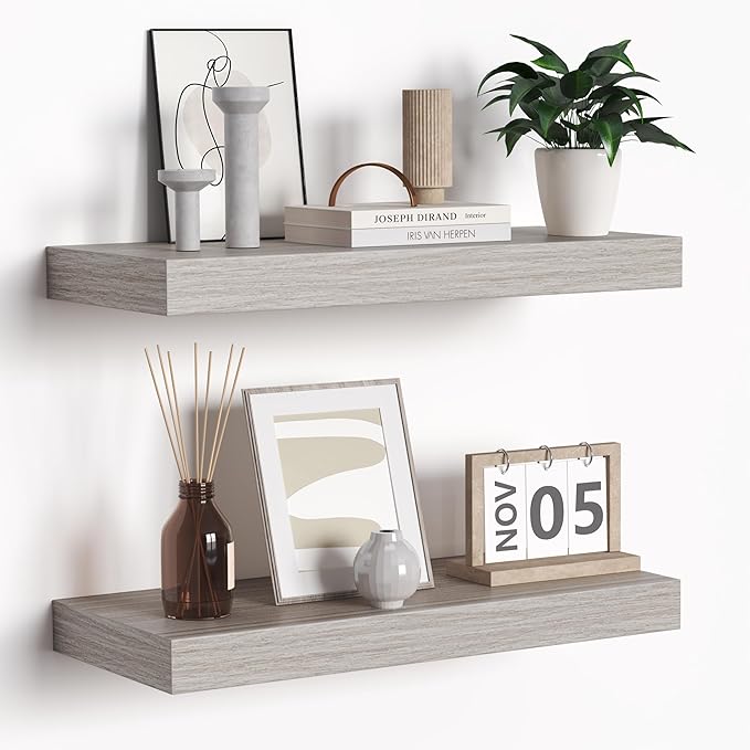 Floating Shelves - Rustic Grey Storage Shelf Set of 2 - 16 Inch Wall Mounted Shelves for Wall Decor & Storage - Wooden Shelves with Invisible Brackets for Living Room, Bedroom, Kitchen, Farmhouse