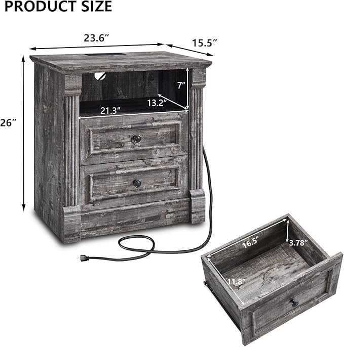 26" Tall Farmhouse Nightstand, 2 Drawers End Table w/Charging Station, 23.6" Wide Large Side Table w/Roman Column, Wood Rustic Sofa Table w/Open Shelf, Bedside Table for Bedroom, Light Gray