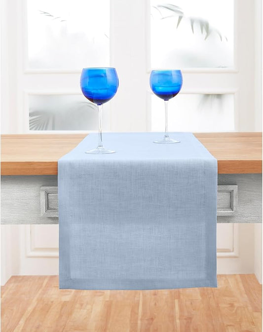 Solino Home Linen Sky Blue Table Runner 48 Inches - 100% Pure Linen Short Table Runner 14 x 48 Inch Ideal for Dresser and Coffee Tables - Fete