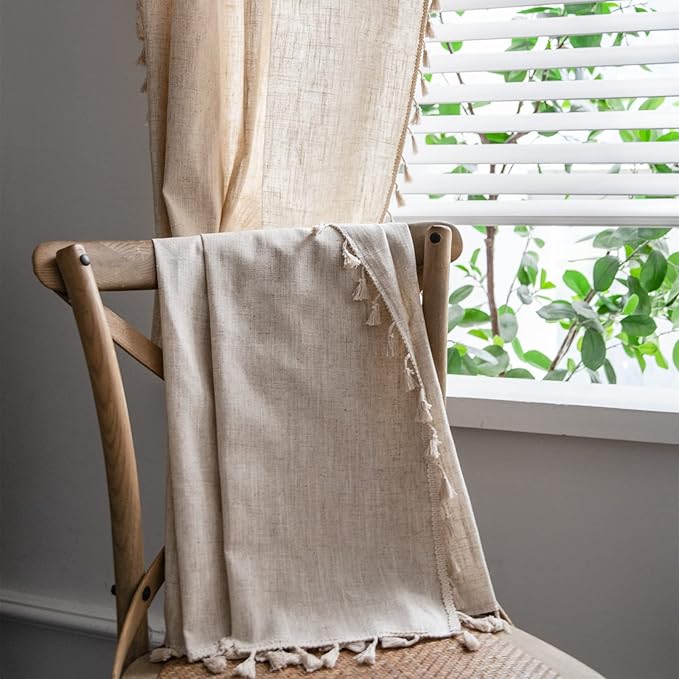 Sutuo Home Boho Curtain 96 Inches Long for Bedroom, Natural Linen Look Textured Burlap Rod Pocket Chic Semi Blackout Bohemian Handmade Tassels Window Treatment for Living Room, 1 Panel 59" W x 96" L