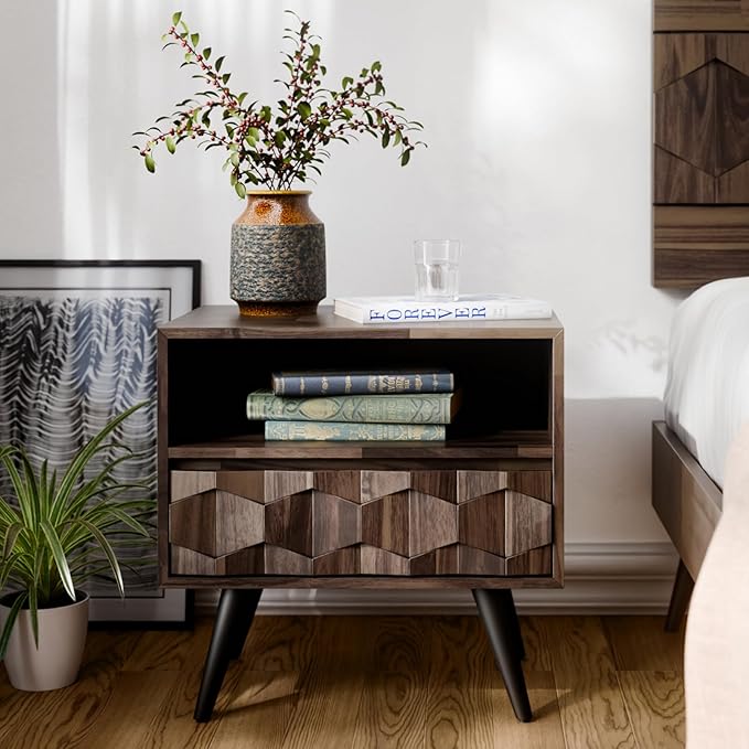 Bme Georgina Solid Wood Nightstand with 1 Drawer & Open Shelf- Fully Assembled Mid Century Modern Side Table - Geometric Pattern Bedside Dresser for Bedroom and Living Room, Mocha