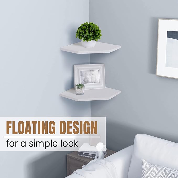 Corner Shelf Wall Mount, Floating Corner Shelves, Set of 2 Corner Wall Shelf Organizer, Rustic Wood Wall Storage Display Shelves for Living Room Bedroom Bathroom Kitchen, Rustic White