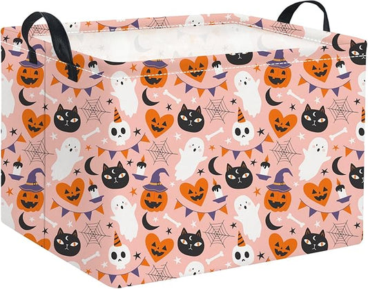 HIYAGON Rectangular Halloween Basket for Boys and Girls Kids Trick or Treat Pumpkin Basket for Halloween Parties Cute Storage Bin Organizer Box Room Decor(Pink Halloween)